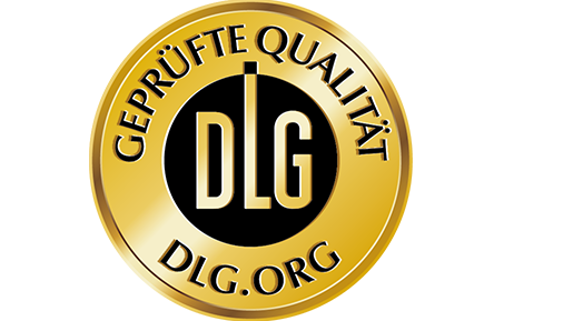 Goldfarbene DLG-Qualitätssiegel-Medaille mit schwarzem DLG-Logo und Schriftzug 'GEPRÜFTE QUALITÄT DLG.ORG'