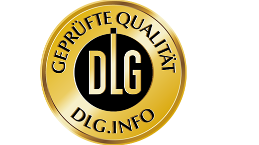 Goldfarbene DLG-Qualitätssiegel-Medaille mit schwarzem DLG-Logo und Schriftzug 'GEPRÜFTE QUALITÄT DLG.ORG'